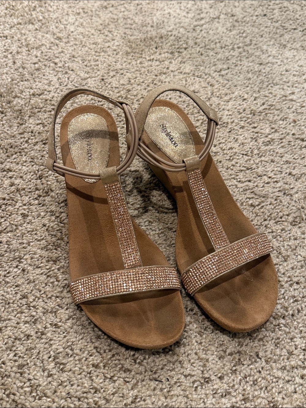 Style & Co. Tan/Rose Gold T-Strap Wedge Sandals